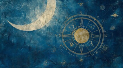 Fototapeta premium Zodiac wheel on blue background with moon and sun, astrology banner with 12 zodiac signs. Mystical horoscope vector pattern, magical esoteric universe illustration, esoteric hand drawing
