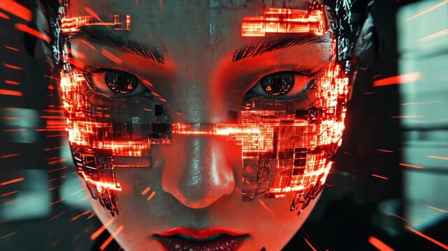 Futuristic portrait of a woman with cybernetic enhancements in a digitally altered environment