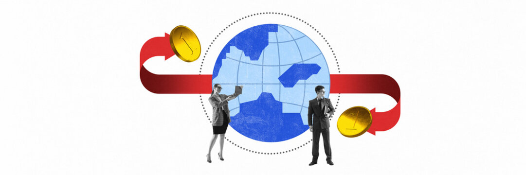 Modern artwork. Businessmen exchanging information across financial flows around globe, representing economic globalization. Concept of global business, international trade, financial growth.