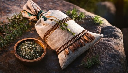 traditional native american medicine pouch filled with herbs and placed on a stone surface