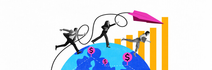 Banner. Contemporary artwork. Business professionals running on financial world, following pink...