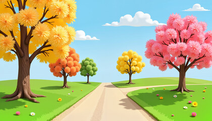 Colorful trees lining scenic pathway under blue sky, whimsical nature