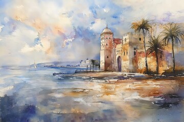 Fototapeta premium Serene Coastal Cityscape with Ancient Architecture Watercolor Painting