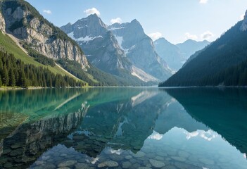 Crystal-clear lake reflecting majestic mountains and lush green trees under a bright sky