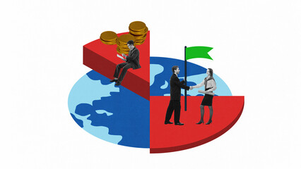 Conceptual artwork. Business professionals negotiating global financial strategies on segmented...