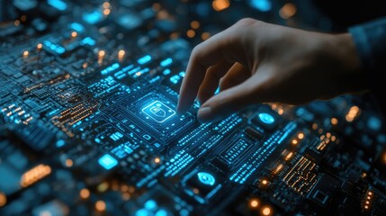 Hand touching gear interface, Hand pointing to glowing gear symbol, representing technology.