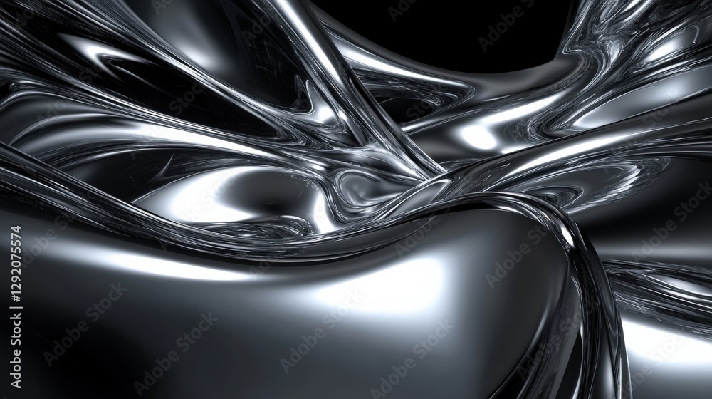 Poster abstract metallic waves flowing smoothly, creating a dynamic visual effect against a dark backdrop