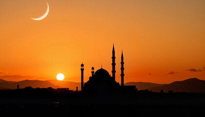 Obraz premium Silhouette of a mosque at sunset with crescent moon