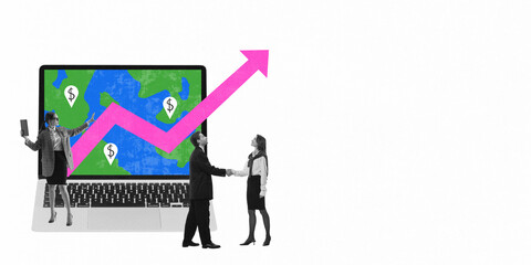 Modern artwork. Business professionals negotiating in front of digital world map with financial indicators, representing online trade. Concept of global economy, corporate network, economic strategy.