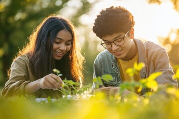 Two young adults carefully examine plants in a sunny field, showcasing their interest in nature and botany.