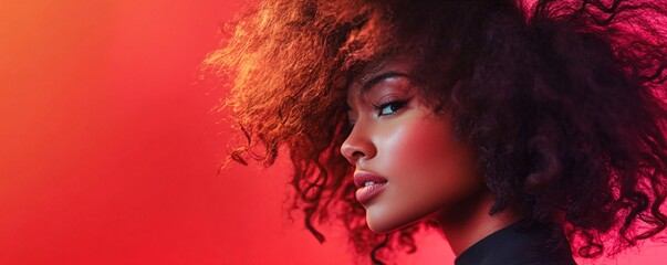 Serious fashion model posing with big afro hair on red background
