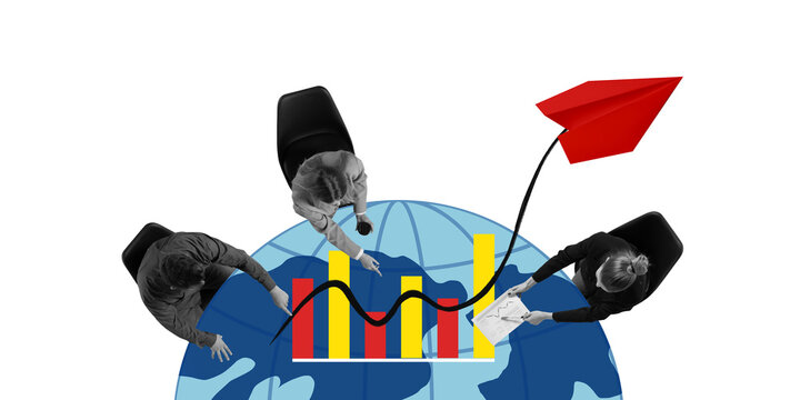 Contemporary art collage. Business meeting on financial globe with rising charts and red paper plane, symbolizing teamwork, strategic planning. Concept of corporate expansion, economic success. - Powered by Adobe