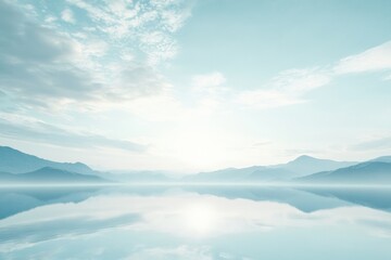Landscape view of mountains and calm water reflecting soft hues during early morning light at a tranquil location. Generative AI