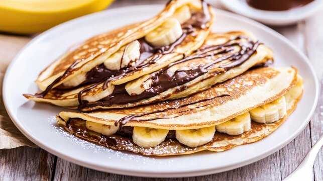 Delicious pancakes filled with banana slices and chocolate sauce on a light wooden table at a cozy breakfast spot during the morning