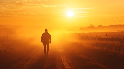 Man walking rural road sunrise