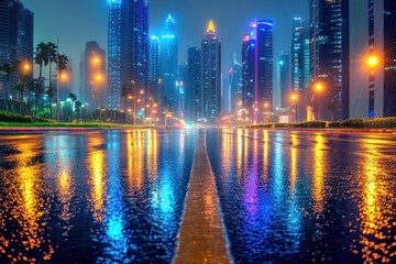 Fototapeta premium City skyline at night reflects on wet pavement after rain