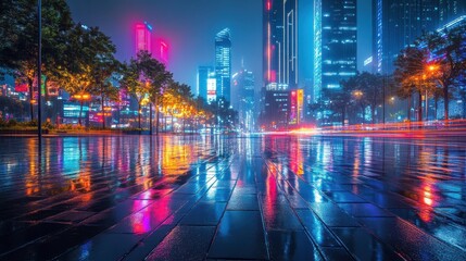 Obraz premium City street at night is wet and brightly illuminated