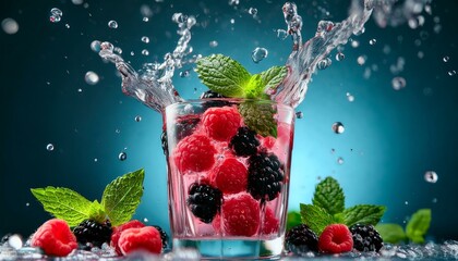 fresh blackberries and raspberries in vibrant drink with splashes of water and mint leaves creating refreshing and colorful scene