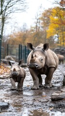 Obraz premium Adult rhino and calf walking on muddy ground, autumn backdrop. Illustrates parental care and wildlife conservation.