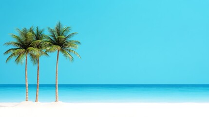 Obraz premium Three palm trees stand on a white sandy beach with turquoise water and sky, for vacation ads