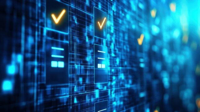 A digital representation of compliance standards on a blue screen, featuring checkboxes and policy documentation, showcasing adherence to regulatory guidelines