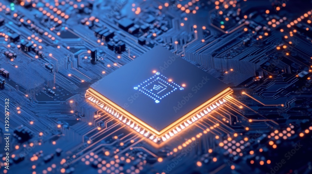 Poster powerful computer processor microchip with the word representing artificial intelligence, ai technol