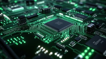 Obraz premium Electronic circuit board production involves an automated circuit board machine that produces printed digital electronic boards focusing on electronics contract manufacturing and hightech