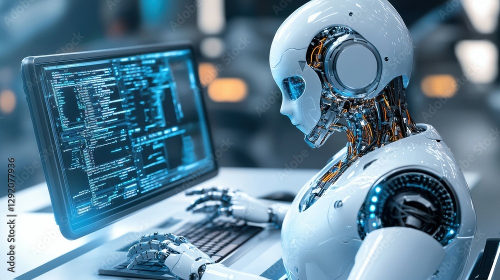 Poster ai robot working on computer