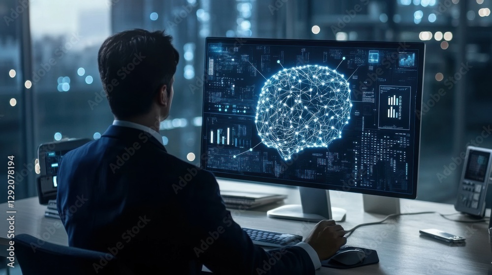 Poster ai or artificial intelligence concept. businessman using computer use ai to help business and used i