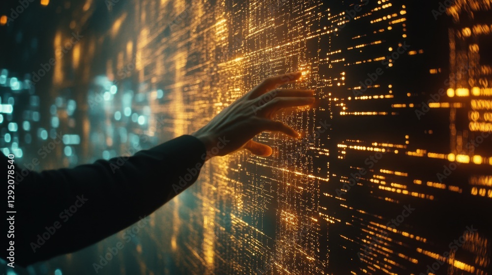 Poster big data technology and data science with person touching data flowing on virtual screen. business a