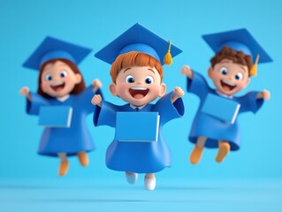 Three Cheerful Graduate Children with Graduation Gowns and Caps