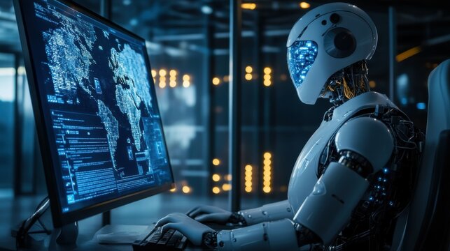 AI prompt chat bot. Search website to generate data, text or image. Man using computer with artificial intelligence app. Virtual assistant in digital creative work. Content generator technology.