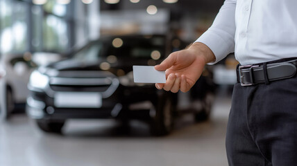 A man is holding a white key card from car in his hand. Buying a new car. The setting appears to be a car dealership or showroom..
