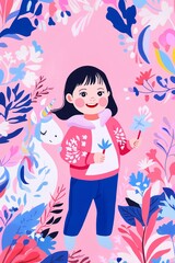 A cheerful little girl with dark hair and rosy cheeks holds flowers in a dreamy, floral fantasy scene with a unicorn. The vibrant pink and blue color palette creates a magical atmosphere.