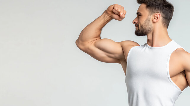 A man with a muscular build is flexing his arm. Muscular man showing bicep muscles on white background..
