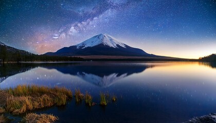 majestic snow capped volcano with lake reflection under starry twilight sky