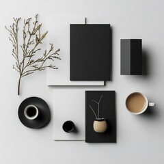 Elegant arrangement of black and white stationery with drinks and decorative elements on flat surface. Generative AI
