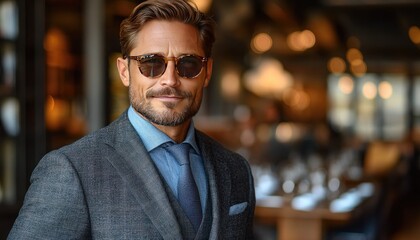 Obraz premium Stylish man in suit and sunglasses, indoors. Perfect for fashion, business, or lifestyle projects.