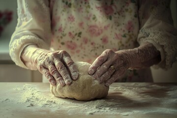 Elderly woman's wrinkled hands knead dough, showcasing age and baking tradition.