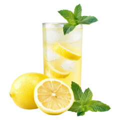 Refreshing lemonade with mint leaves and lemon slices , isolated on a transparency background