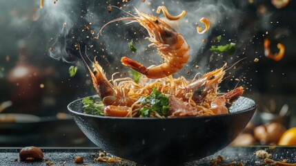 Freeze motion of flying asian wok noodles with prans and vegetable. The concept of meat preparation.