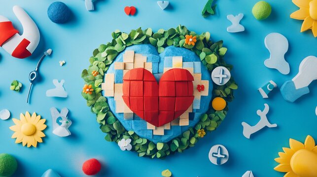 Big red pixel art heart surrounded by green plants on blue background