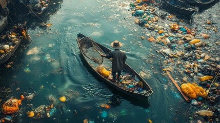 Obraz premium Fisherman casting a net in plastic-filled polluted waterway. Generative AI