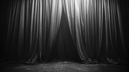 A large heavy black curtain, there is a crack in the curtain starting at the top and comign towards the bottom lighting shines through the crack in the curtain, dramatic dark cinematic lighting.