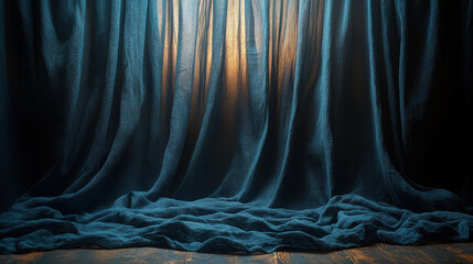 A large heavy black curtain, there is a crack in the curtain starting at the top and comign towards the bottom lighting shines through the crack in the curtain, dramatic dark cinematic lighting.