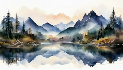 watercolor mountain landscape with misty reflections