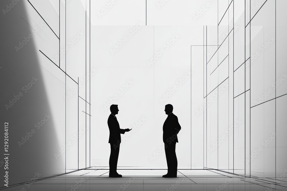 Poster professional negotiation in a modern office setting with two silhouetted figures engaged in discussi