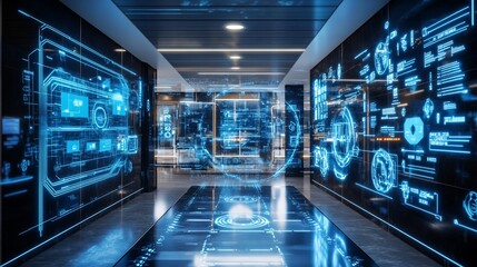Fototapeta premium Futuristic hallway with holographic data displays.