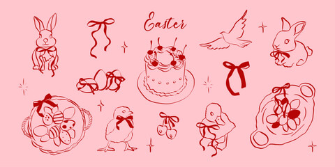 Hand drawn coquette Easter set. Vintage cute symbols with ribbon and bow in simple crayon and sketch style. Trendy art for menu and banner for holidays. Doodle vector illustration