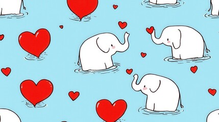 Fototapeta premium Cute Elephants with Hearts in Blue Water Background Pattern